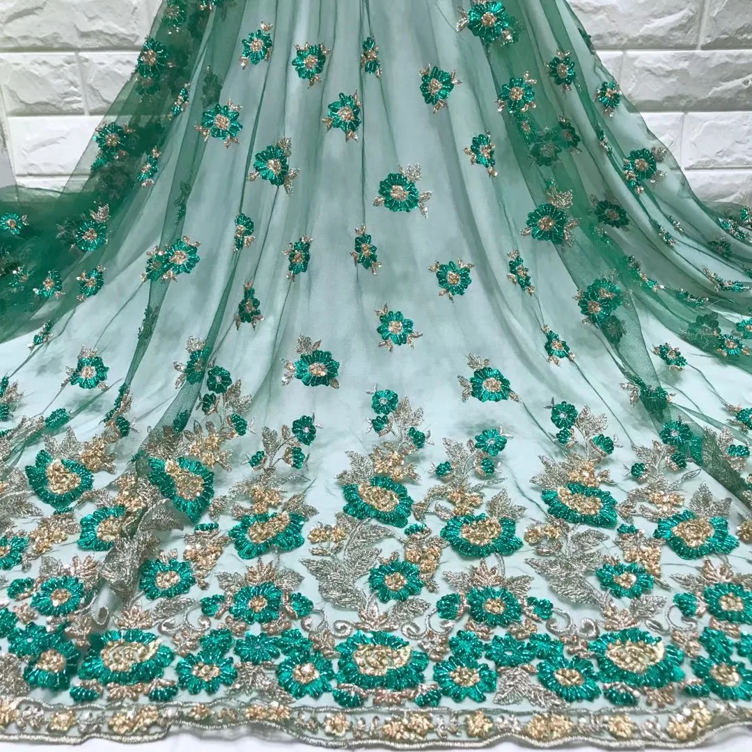 

Beautifical african lace fabrics Top sale Handmade beaded embroidery net lace fabric nigerian tulle lace for dresses ML5N566