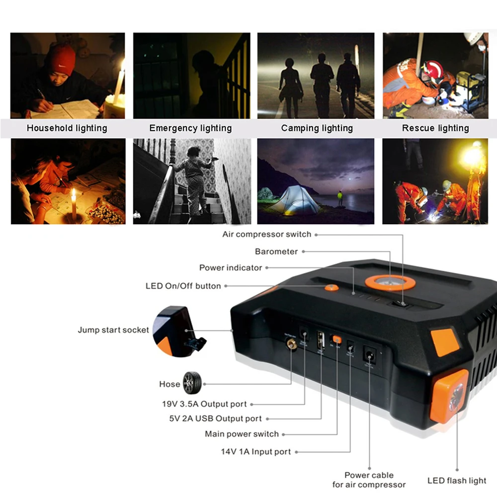 

New 12V 82800mAh Portable Car Jump Starter With Built-in Air Compressor USB Output Battery Power Bank Multifunction Car Charger