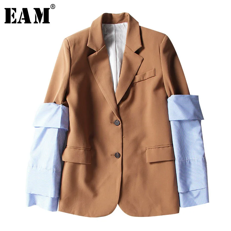 

[EAM] 2019 New Spring Lapel Logn Sleeve Blue Striped Removable Stitching Hit Color Jacket Women Coat Fashion Tide JI825