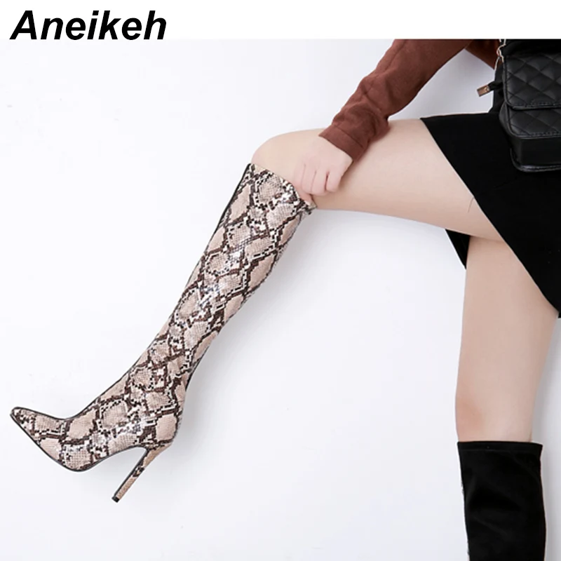 

Aneikeh 2019 Spring Boots Women Leopard Print Ladies Zippers Pointed Toe Long Boots Stiletto Heels Knee-High Booties Shoes