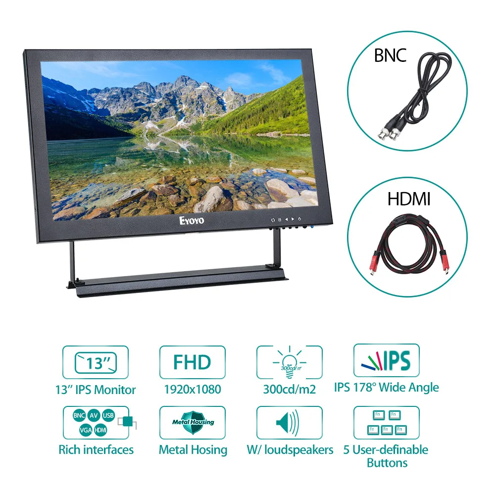 EYOYO 13 ''1920x1080 Дисплей аудио-видео VGA, разъем BNC HDMI w/Динамик монитор металлический шланги для CCTV DVD портативных ПК DVR CCD Камера