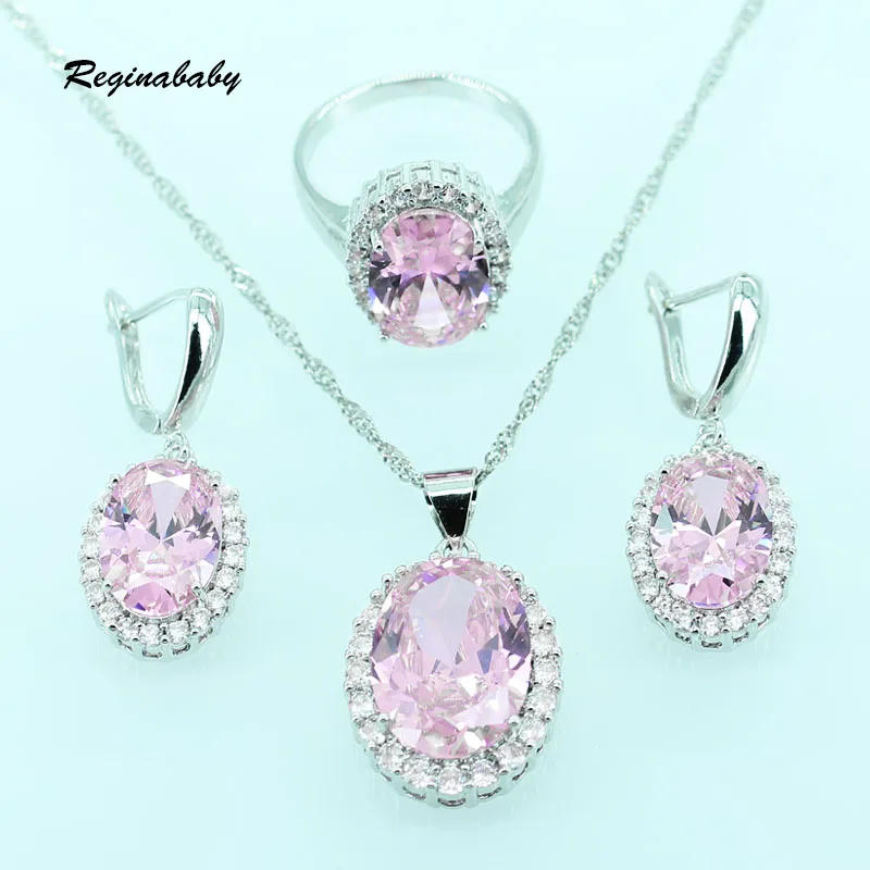 Reginababy Silver color Pink White zircon Jewelry Sets For Women Crystal Necklace/Earrings/Bracelets/Rings/Pendant | Украшения и