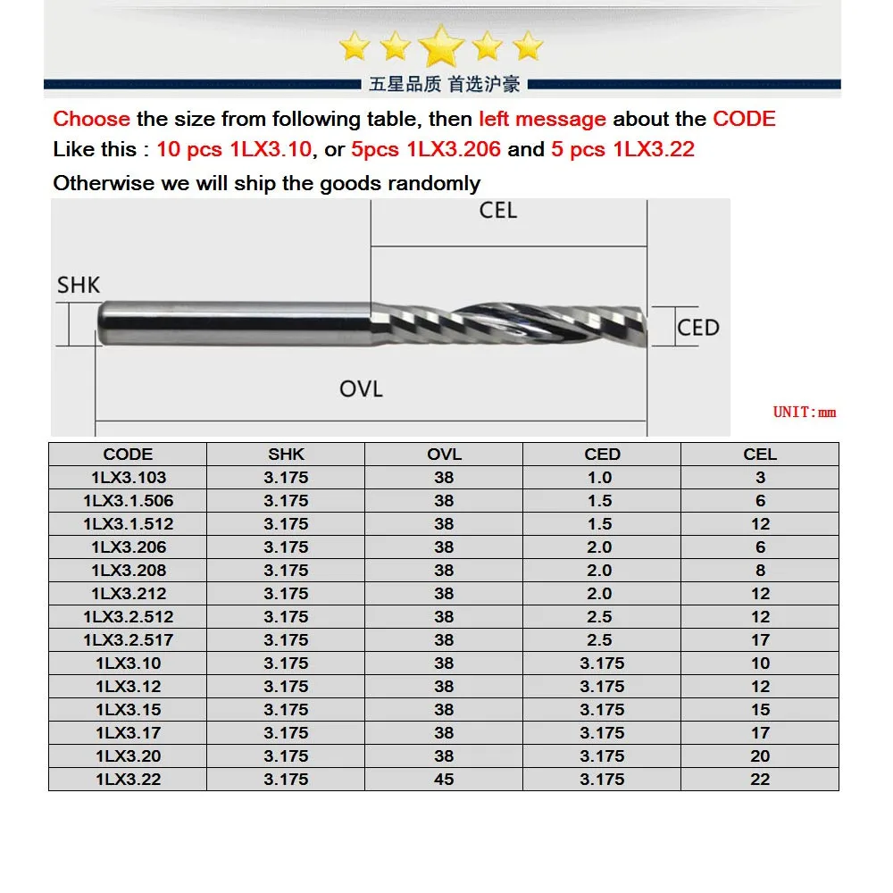 10 шт. 3,175 мм SHK Карбид CNC фрезы один флейт сверла со спиральными концами один фрезерование канавок резак спиральный из ПВХ резак