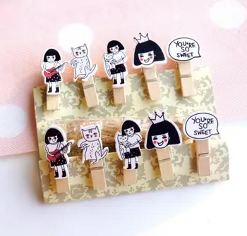 

10 Pcs/Lot Cute Cat And Girl Wooden Clip Photo paper Clothespin Craft Clips Party Decoration Clip with Hemp Rope