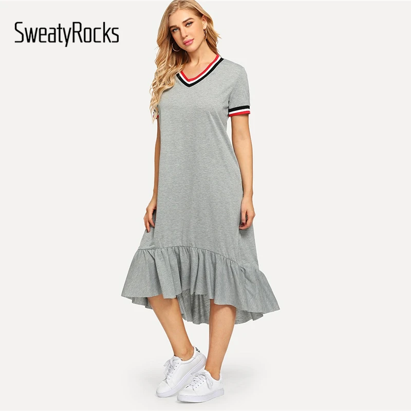 

SweatyRocks Grey Ruffle Edge V-Neck Dress Asymmetrical Preppy Drop Waist Loose Dresses 2019 New Summer Women Casual Dress