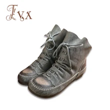 Tayunxing genuine leather handmade shoes low heel ankle women boots comfort pleated slip-on lace-up leisure H201-1