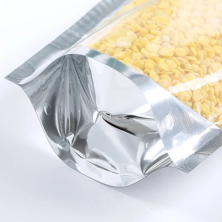 One Side Clear Silver Aluminum Foil Ziplock Packaging Bag Stand up Resealable Glossy Foil Plastic Heat Sealing Storage Pouches 3