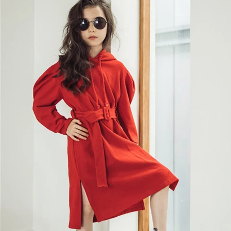 Black Red Hooded Autumn Sweatshirts Dresses For Kids Cotton Long Sleeve Belt Hoodies Dress Baby Big Girls Fall Dresses Clothing