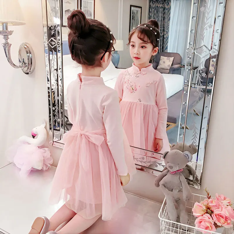Floral Pattern Dress Baby Girls Long Sleeve Kids Cheongsam Princess Mesh Dresses