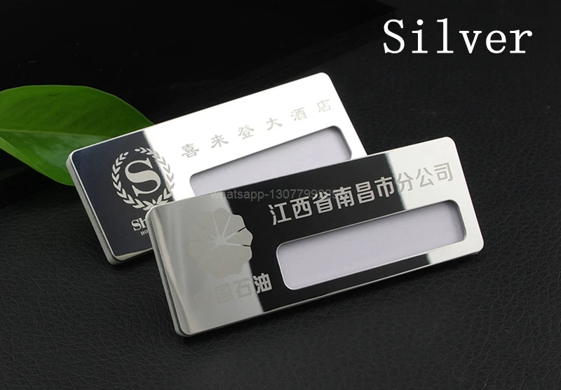10pcs custom reusable name badge holder 7025mm name tags laser printing hotel staff pin badge with stainless steel plate (1)
