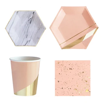 

8 Pcs Gold Pink Black Marble Texture Disposable Tableware Sets Paper Plates Cups Napkins Party Wedding Carnival Decor Tableware