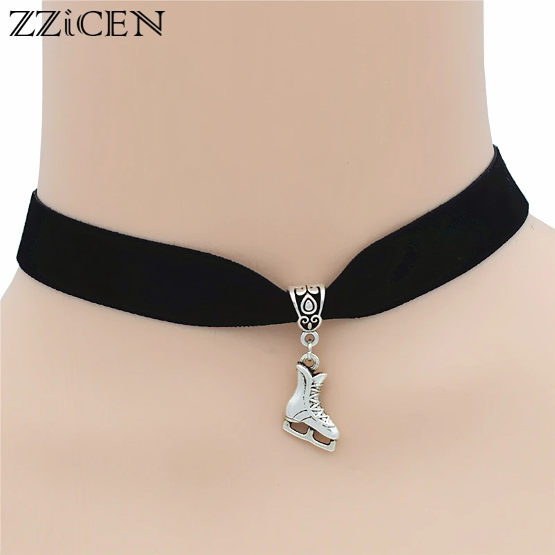

New Fashion Casual Antique Silver Ice Skating Boots Charm Shoes Pendant Chokers Necklace Gifts for Women Figure Skating Jewelry