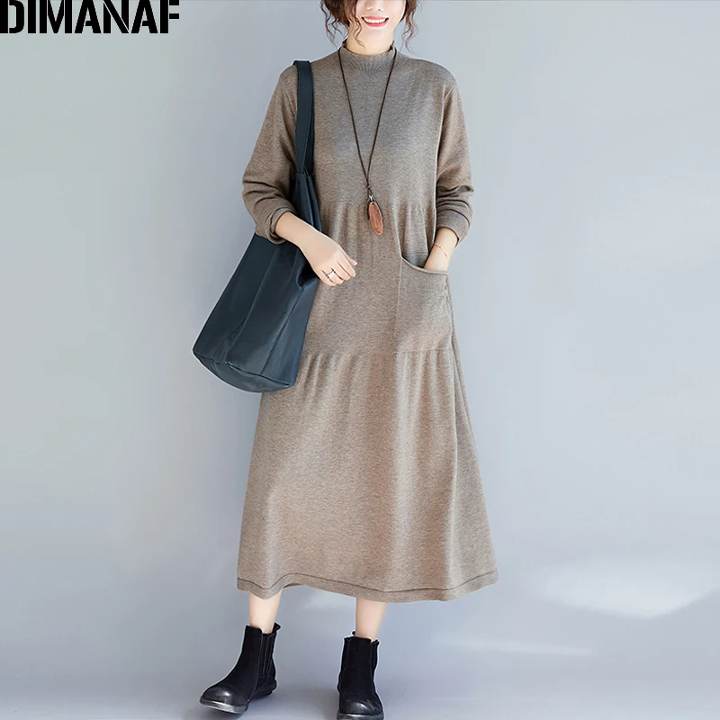 Dimanaf женский длинный Трикотажный Хлопковый зимний свитер с высоким воротом