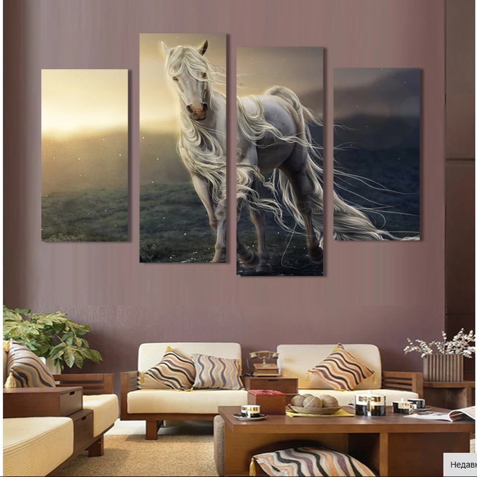 

4 Pane Running White Horse Wall Print Painting Canvas Large Art HD animal Picture Home Decoration For Living Room