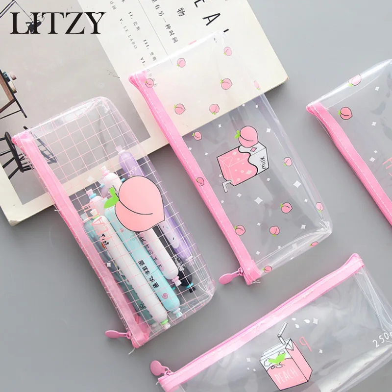 

Kawaii Milk Pencil Case Cute Transparent Zipper Pencilcase Peach Pencil Bag for Girl Pencil Box Student School Supply Stationery