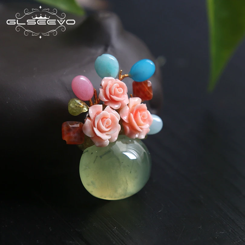 

XlentAg Green Grape Stone Natural Pink Shell Flowers Trendy Brooches For Female Brooches Pendant Dual Use Luxury Jewelry GO0149