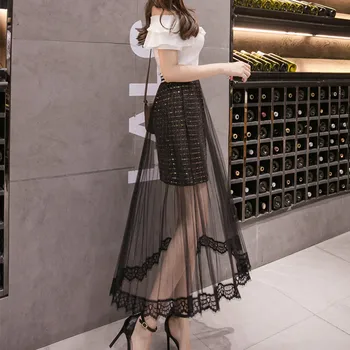 

Women's Black Mesh Sequins Pleated Long Skirt High Waist Elastic Transparent Ladies Maxi Skirts 2020 Summer Sexy Clothes Female
