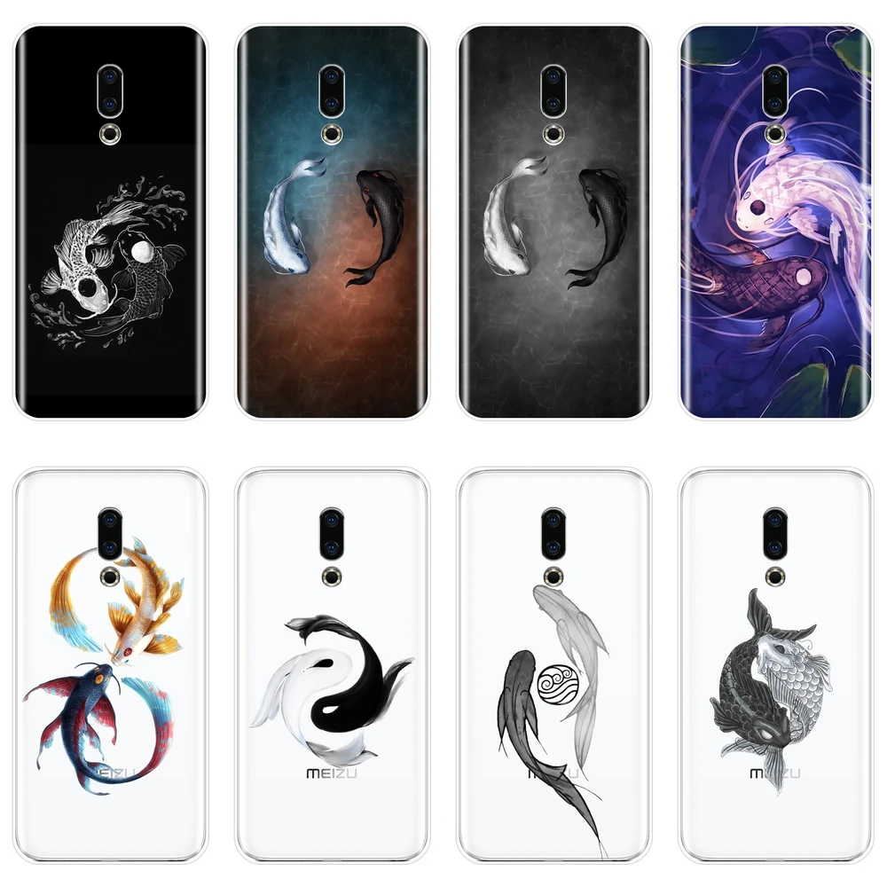 Мягкий чехол для телефона Meizu 15 Lite 16 Plus 16th 16x силиконовый черно-белый с рыбами