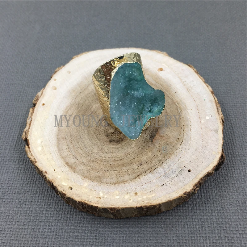 MY1040 Natural Agates Druzy Geode Rings Gold Color Base Rings (4)