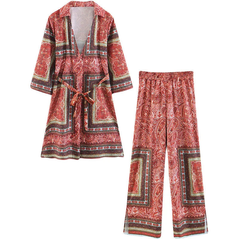 

Women's suit 2019 spring and autumn new fashion national wind long shirt loose wide leg pants two sets of female temperament