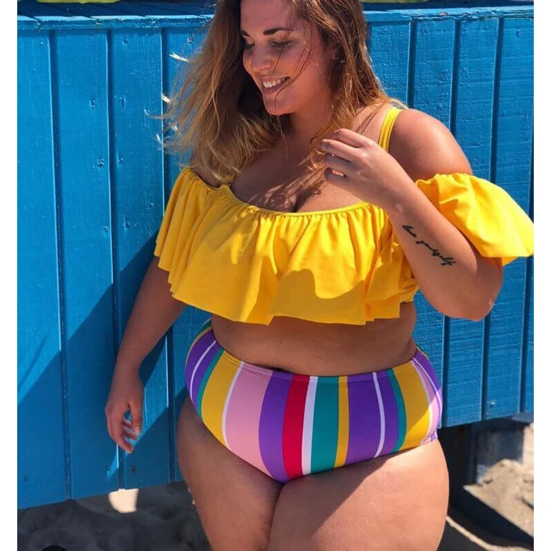 

SBART Plus Size Bikini Swim Suit High Waist Swimsuit Ruffle Neon Swimwear Large Size Striped Bikini High Waist Biquini Mayo 3XL