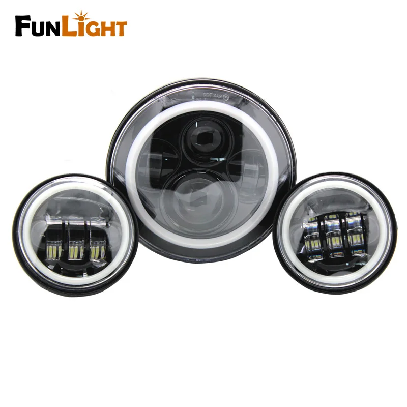 

7" Round LED Headlight With White DRL + 2pcs 4-1/2"/4.5" Fog Lights With White DRL for Harley Davidson Motorcycle Black&Chrome