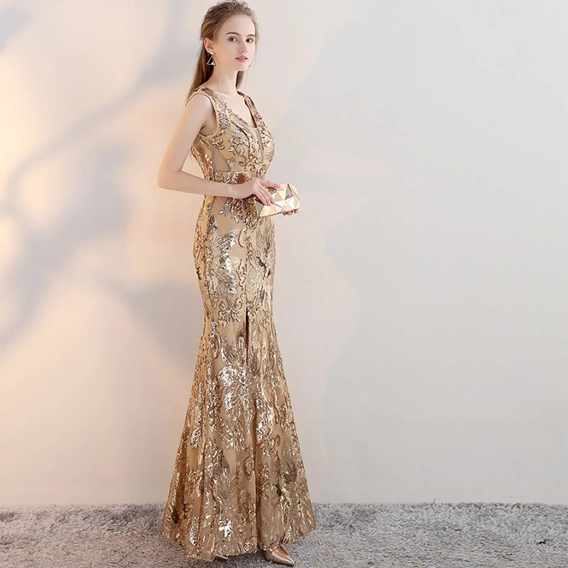 Винтажные вечерние платья с v-образным вырезом, длина до пола, золотые вечерние платья с серебряными блестками, вечерние платья в стиле русалки с разрезом спереди