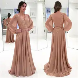 Элегантное вечернее платье вечерние платья 2019 A-Line Длинные рукава шифон Кружева Sash ислам Дубаи Саудовская Арабская Длинная вечернее платье
