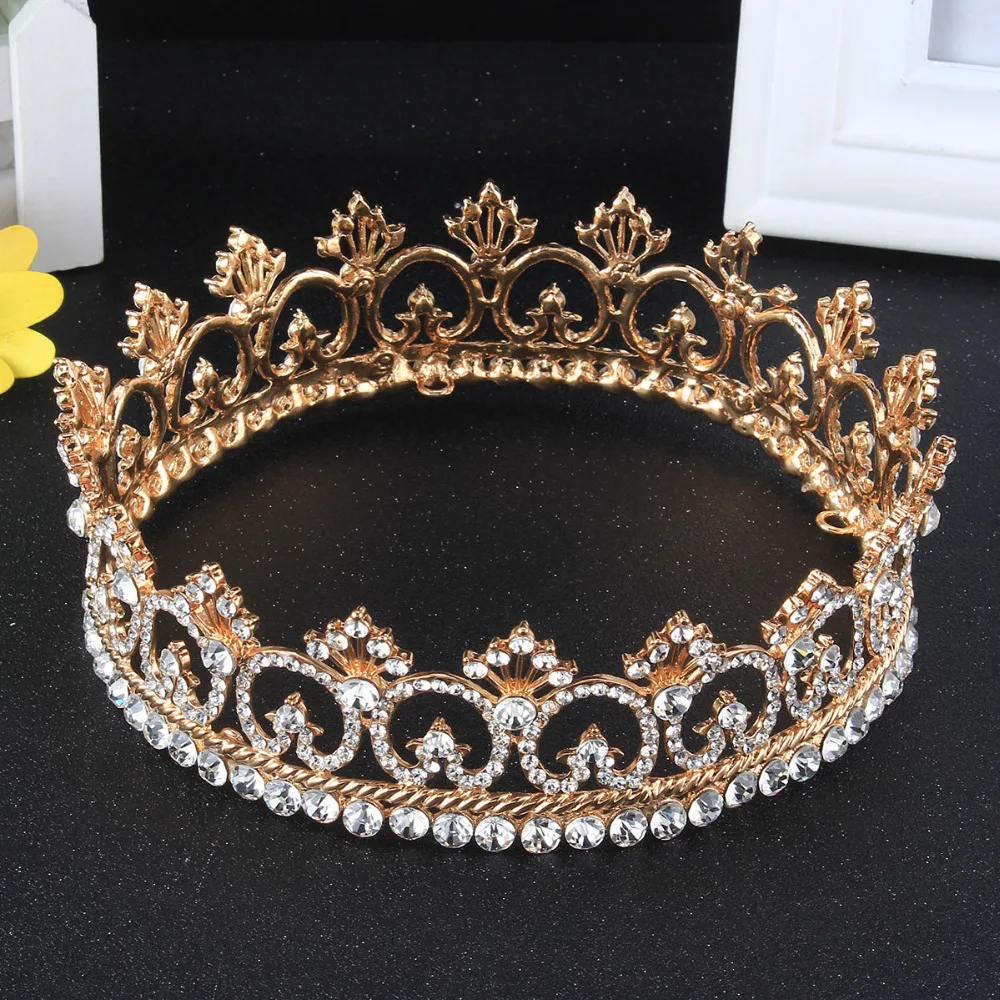 Luxury Gold Color Hair Jewelry Round Rhinestones Wedding Tiaras And