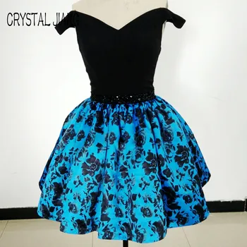 

CRYSTAL JIANG 2017 Real Sample Off the Shoulder Black Spandex Waist Beaded Floral Print Short Skirt Cheap Homecoming Dresses