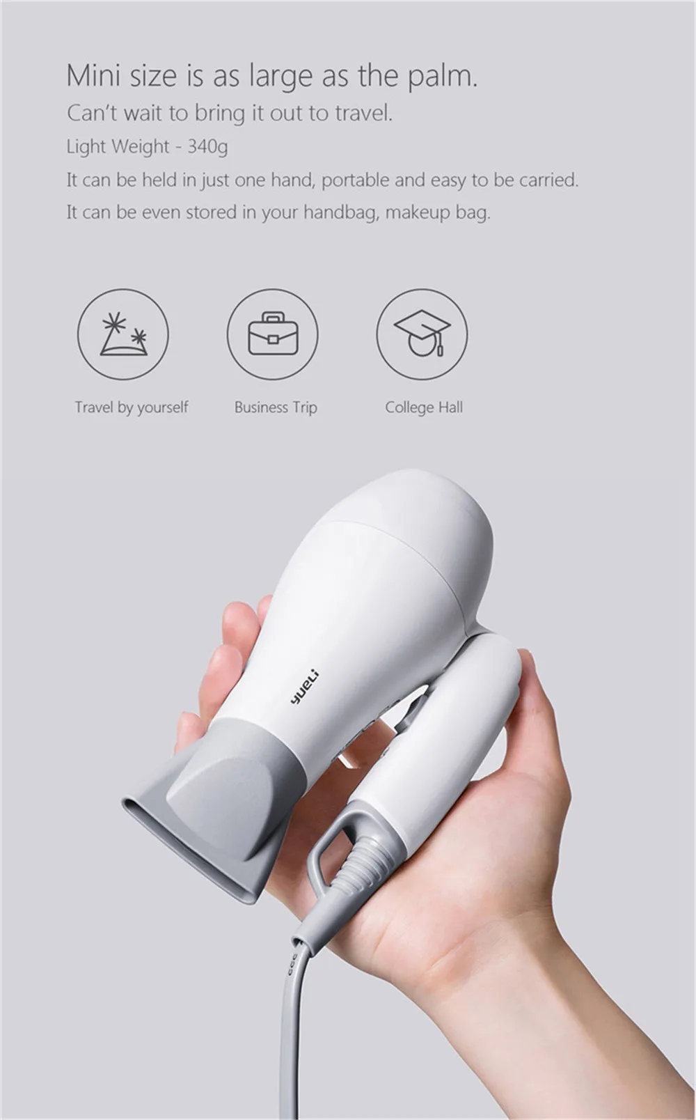Xiaomi Mijia Yueli мини-фен, портативные инструменты для волос, фен небольшого размера с сумкой для хранения, для умного дома, путешествий, школы