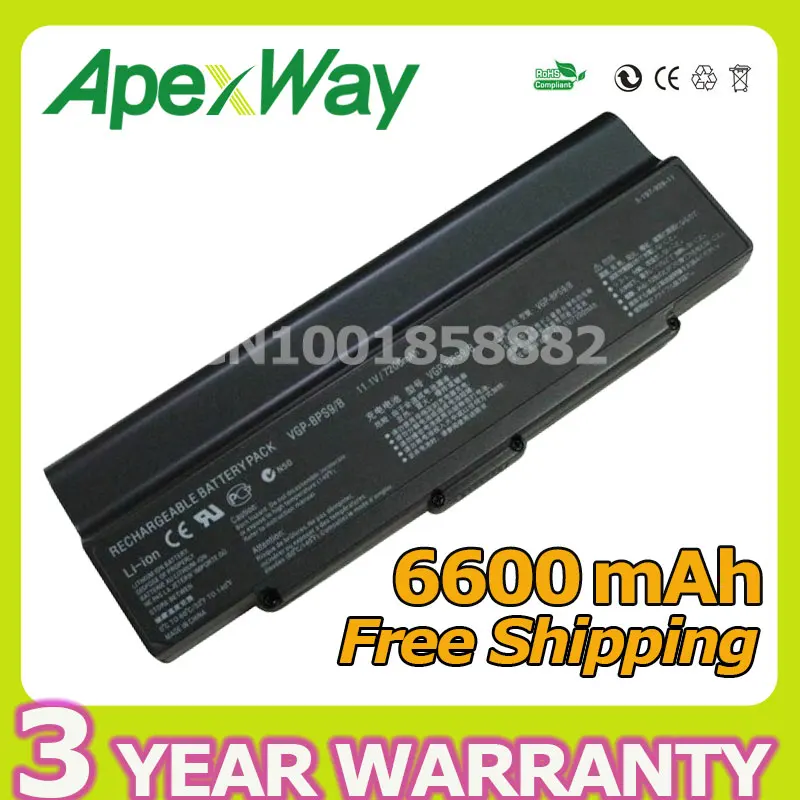 

Apexway Black 9cell 6600mAh Battery VGP BPS9 BPS10 BPL9 BPL10 VGP-BPS9/S For Sony VAIO VGN-AR71J VGN-CR13/B VGN-CR20 VGN-CR90S