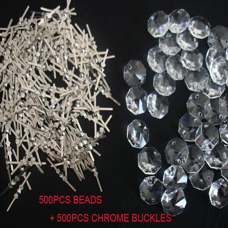 500PCS/lot 14mm Clear Crystal Octagon Beads In 2 Holes + 500pcs Chrome