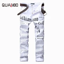 Quanbo фирменные мужские прямые облегающие байкерские джинсы, брюки, джинсовые брюки, джинсы с буквенным принтом, мужские байкерские джинсы, обтягивающие джинсы белого цвета, 38