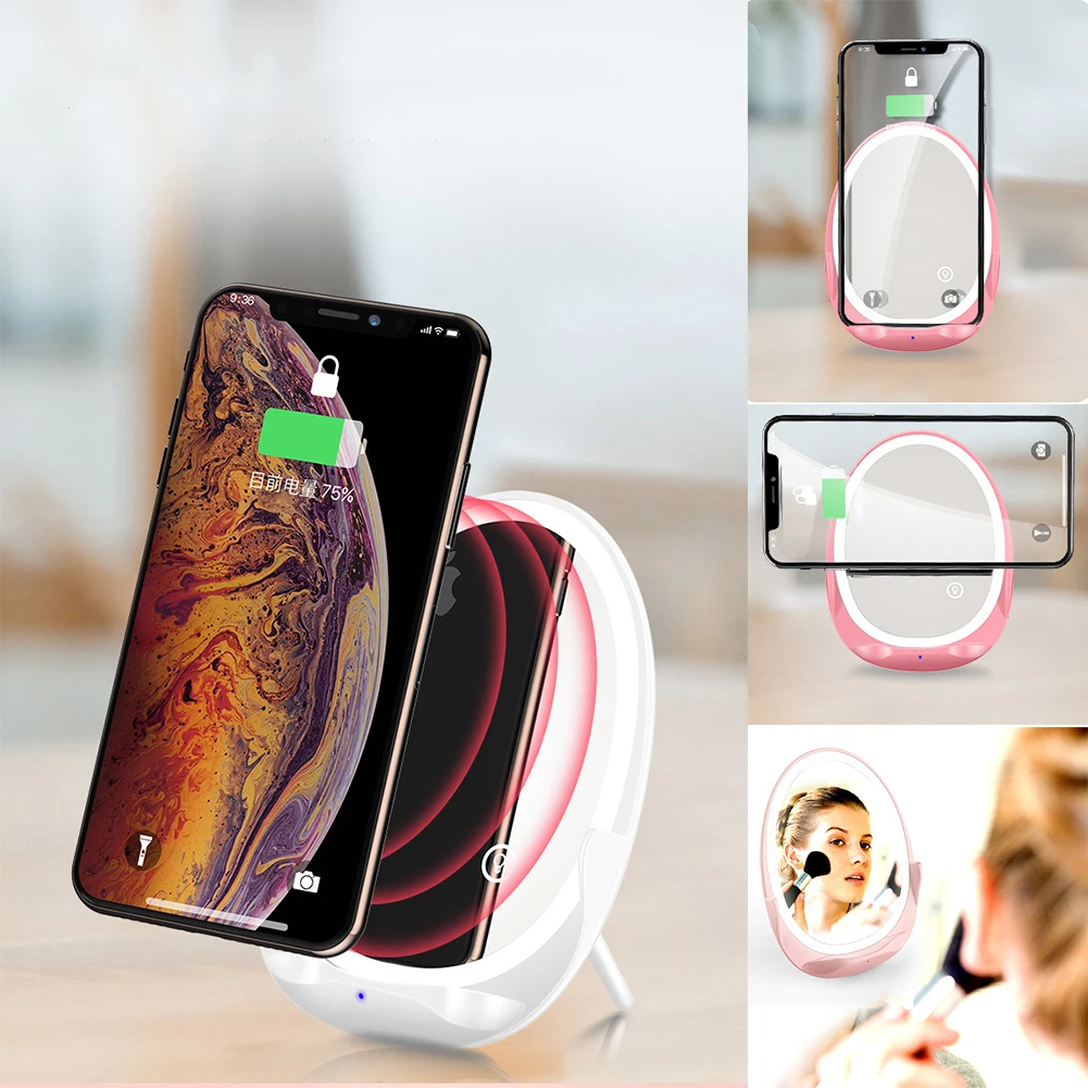 Qi Быстрое беспроводное зарядное устройство для iPhone XS MAX XR X 8 Plus с зеркальной лампой для девочек, беспроводная зарядная подставка для huawei P30 Pro