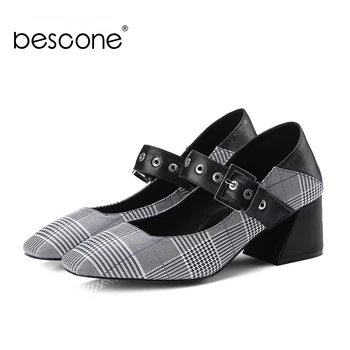 

BESCONE 2019 New Arrival Pumps Fashion buckle Lattice Women Shoes Square High Heels Shoes Comfortable Genuine Leather Pumps BO7