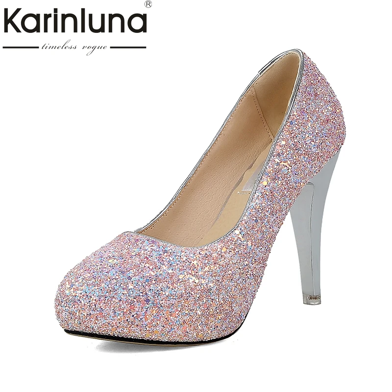 

KARINLUNA 2018 Large Size 33-43 Office Platform Spike Heels Woman Shoes Slip On Elegant Bling Party Wedding Shoes Woman Pumps