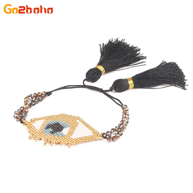 

Go2boho Blue Evil Double Link Bracelet for Women Girl Miyuki Seed Beads Bangle Fashion Jewelry Gift pulseira feminina Adjustable