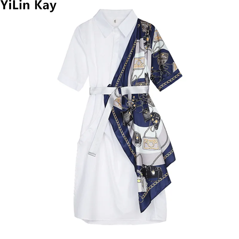 

YiLin Kay Runway Designer Women Dresses 2019 Summer Vintage Chain Print Silk Scarf Patchwork Short Sleeve Loose Shirt Dress