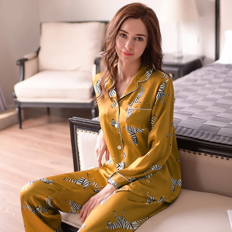 Fashion Genuine Silk Women's Pajamas Zebra Printed Long Sleeve Pyjama