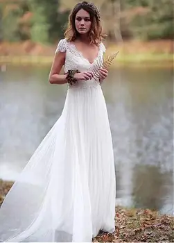 

Backless Vestido De Noiva 2019 Wedding Dresses A-line Cap Sleeves Chiffon Lace Beach Boho Dubai Arabic Wedding Gown Bridal