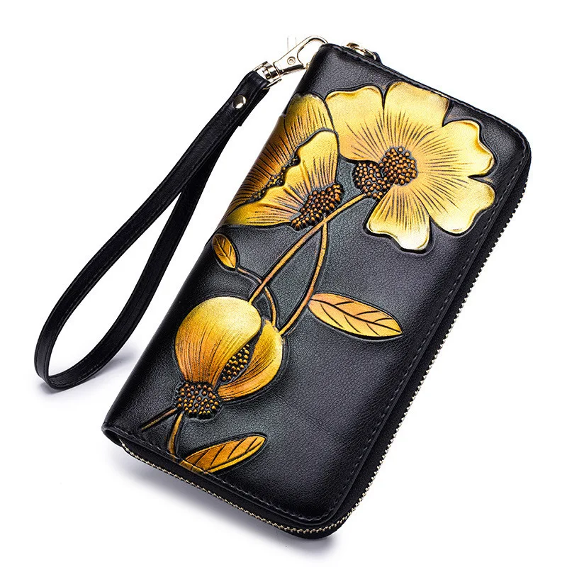 Новинка, Модный женский кошелек из натуральной кожи с цветочным принтом, длинный клатч, сумочка на руку, кошелек для монет, мобильного телефона, Carteira - Цвет: Gold
