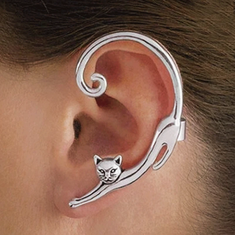 

Single Punk Style Gold/Silver Plated Cat Post Earring With Ear Cuff Rock Animal Stud Earring Women drop shipping