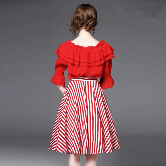 Summer Spring Women Red Ruffles Lantern Sleeve Loose Tops Slash Neck Blouse And Stripped Print Pleated Skirt Suits Set NS292
