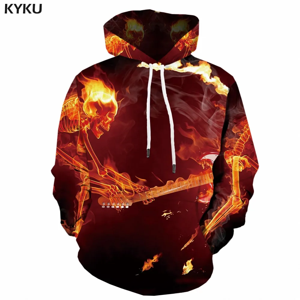 KYKU Brand Skull Hoodie Men Skeleton Sweatshirt Printed Music Hoodie Print Flame Hoody Anime War Hooded Casual Mens Clothing