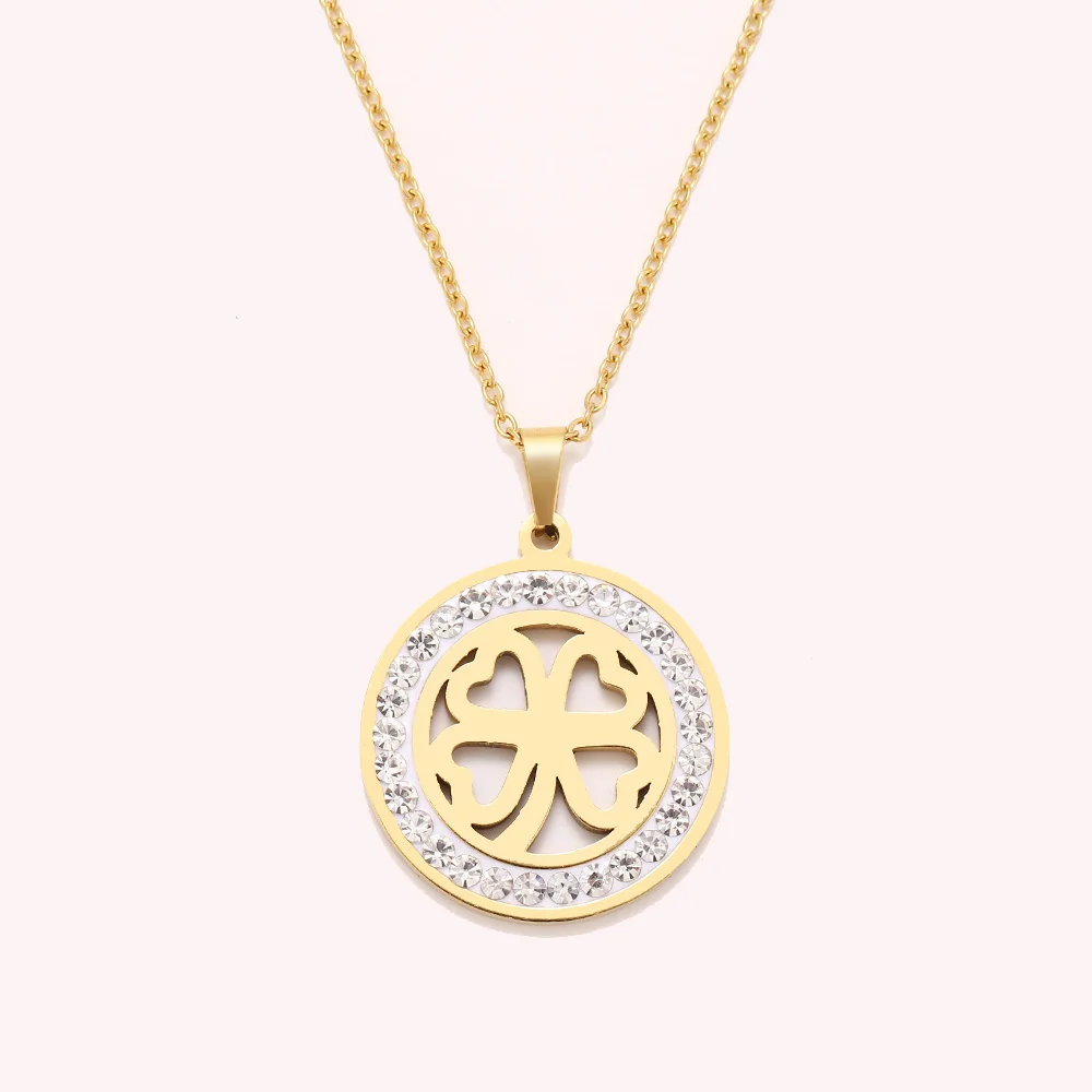 Cacana Stainless Steel Crystal Round Pendants Necklace Women Jewelry Hollow clover Donot Fade Valentine's Day Gift (4)