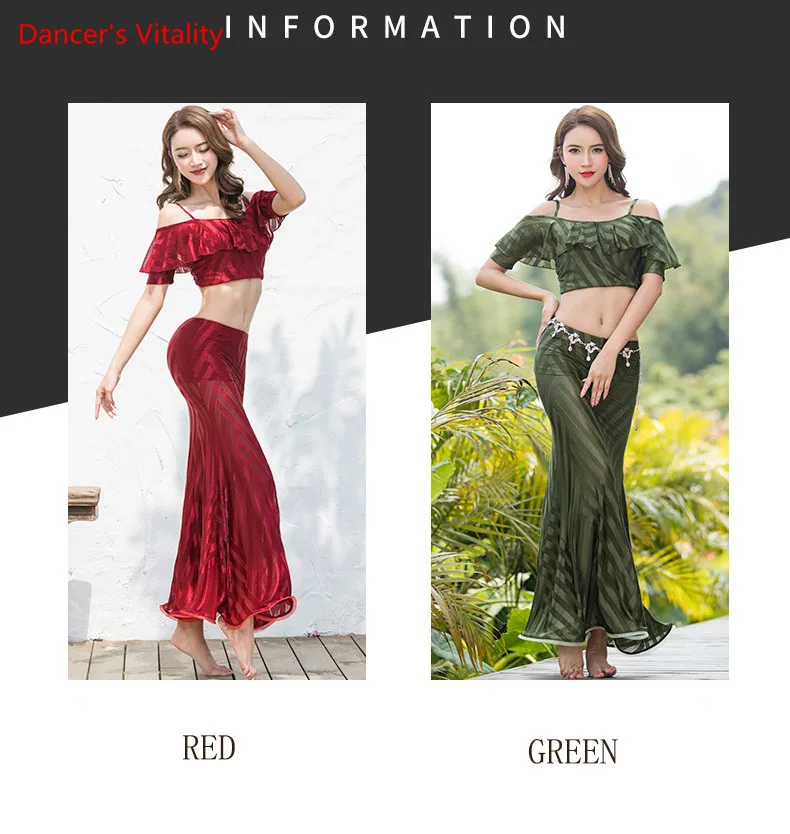 Зеленый красный набор профессиональных Костюмы для Для женщин костюм для танца живота платье для танцев топ + юбка костюм для выступлений