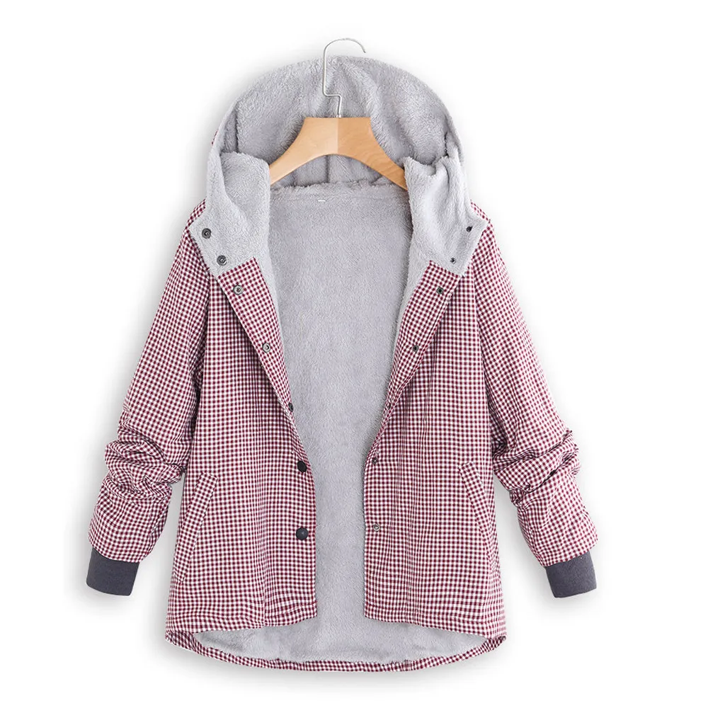 

2018 Women Winter Coat Warm Plaid Lattice Hooded Pockets Coat Vintage Button Ladies Oversize Coats Parkas Outwear