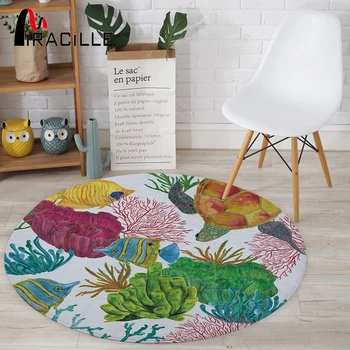 

Miracille Marine Style Colorful Sea Turtle Seaweed Tropical Fish Pattern Coral Velvet Soft Round Carpet Table Chair Sofa Rugs