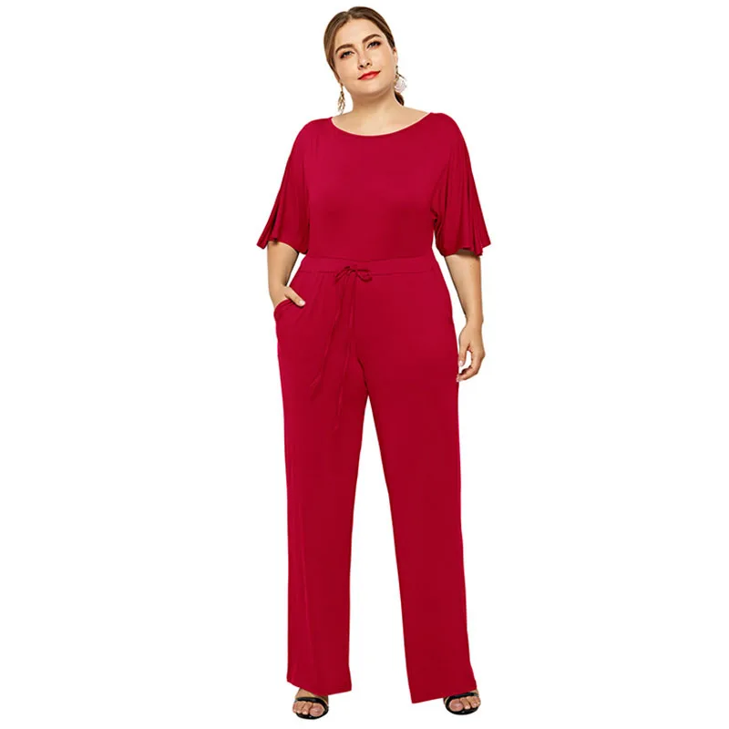 Red Jumpsuit SEBOWEL плюс Размеры Повседневное широкие брюки короткий рукав летний комбинезон женские свободные шнуровке ползунки и комбинезоны Размеры L-XXXL - Цвет: Red Jumpsuit